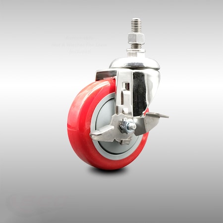 Service Caster 4 Inch 316SS Red Polyurethane Swivel 12mm Threaded Stem Caster with Brake SCC-SS316TS20S414-PPUB-RED-TLB-M1215